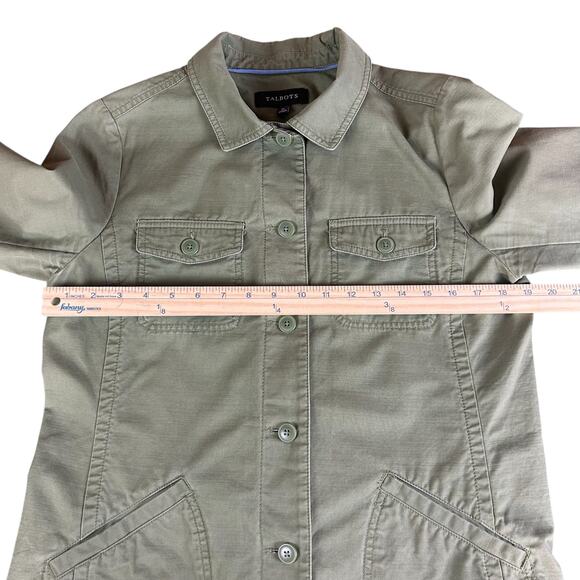 Talbots Pom Pom Twill Jacket Women Size M Olive Green Utility Pockets Button Up - Picture 10 of 11